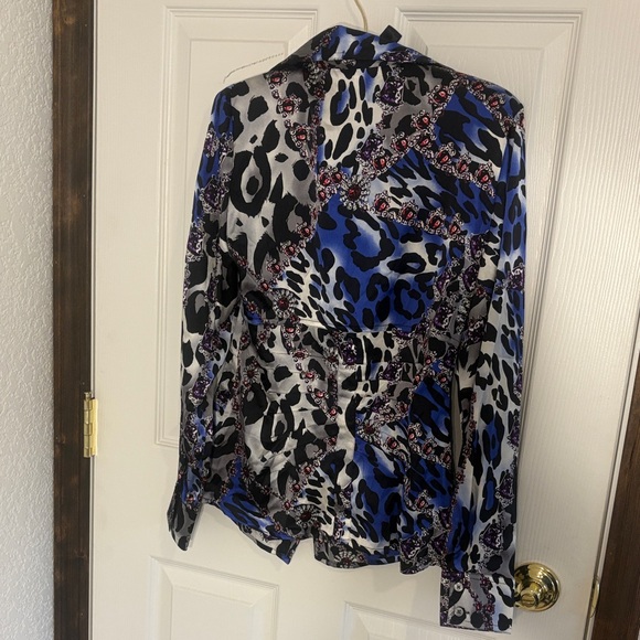 Cache Multicolor Satin Animal-Print Blouse in Blue, Black, Silver and Purple! - Picture 3 of 7